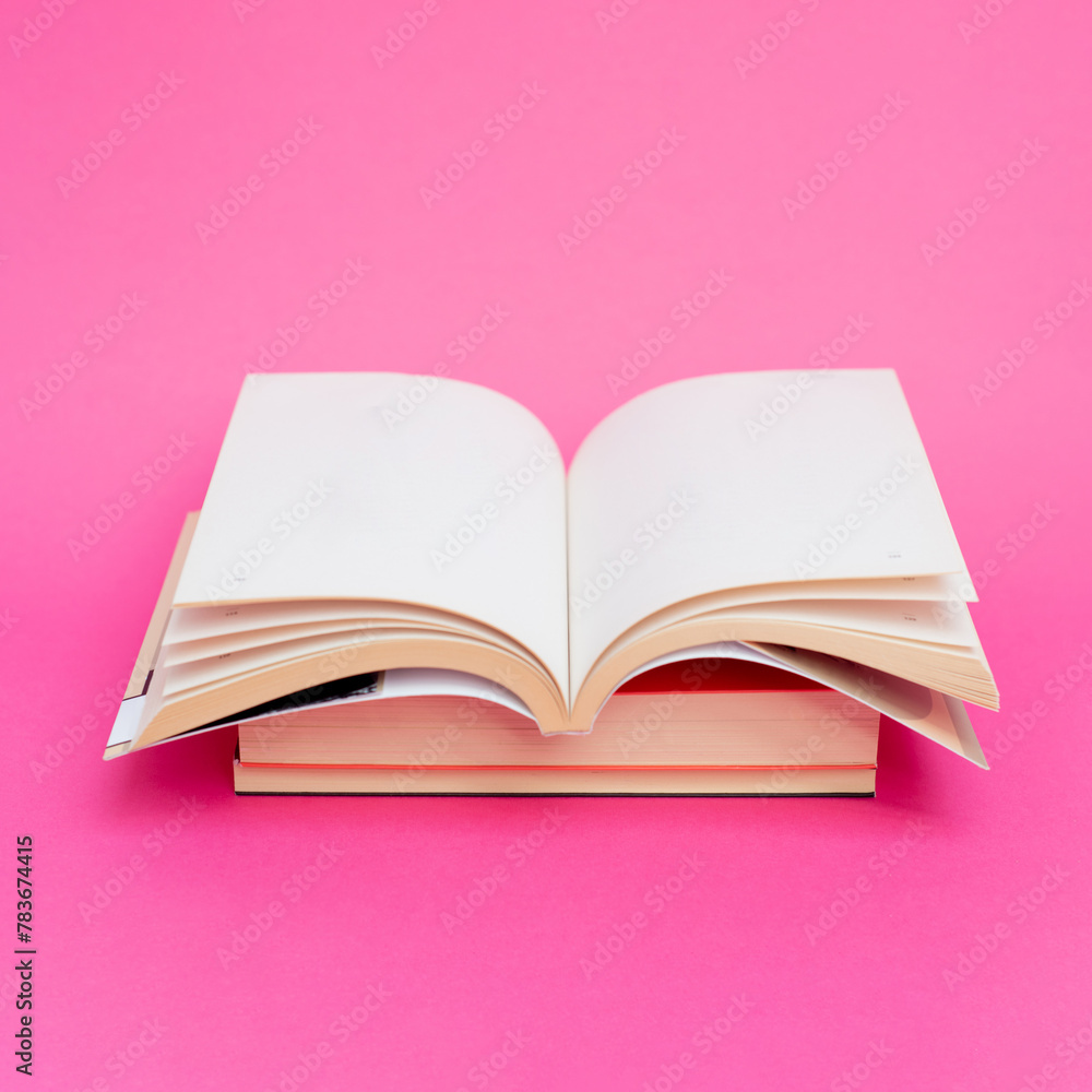Books on a pink background creative education literature concept with place for text. Books on a pink background creative education literature concept with place for text.
