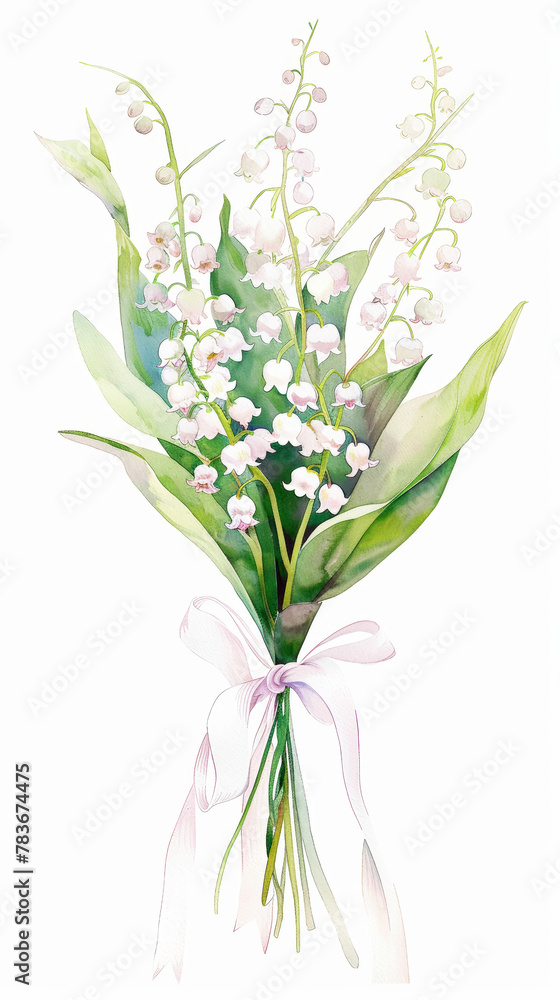 Aesthetic watercolor flowers lily of the valley bouquet tied with ribbon, wedding concept. Invitation. Generative AI