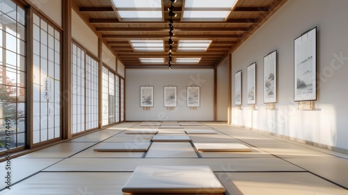 Serene Japanese Inspired Tatami Room with Framed Artwork in Contemporary Setting