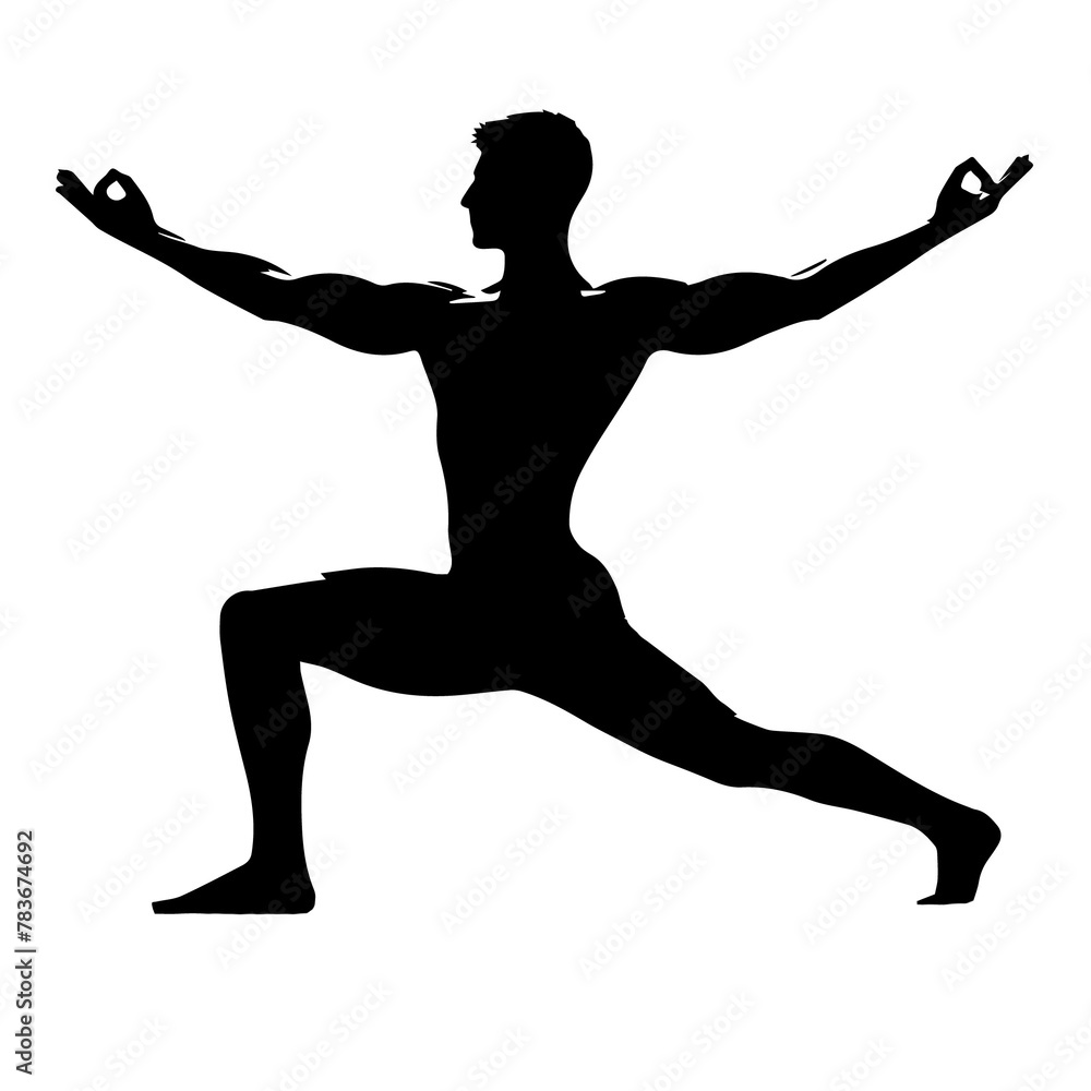 The black silhouette of Yoga Practitioner in Warrior Pose Silhouette, Meditation and Fitness, Isolated on White Background