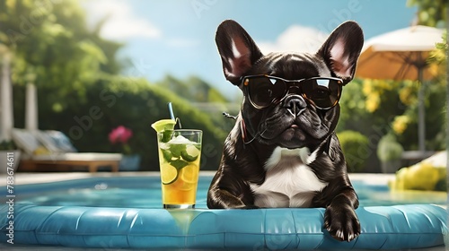 French Bulldog on vacation, French Bulldog at the pool, relaxed French Bulldog on vacation © Marcin
