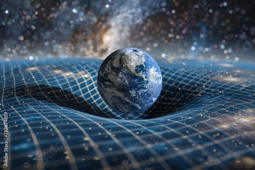 Earth gravity bends space around it. Earth bends space, distorting the spacetime concept and deforming the space-time grid around the universe. photo