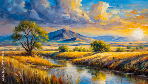 Fototapeta Naklejka Na Ścianę i Meble -  Oil painting of beautiful steppe landscape. Sky with clouds. Natural scenery. Hand drawn art.