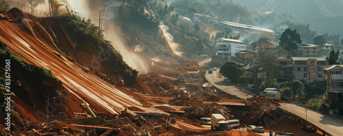 landslide demolishing infrastructure, with roads and buildings buried under a mass of earth and rocks, emphasizing the destructive power of landslides and the need for slope stabilization measures and photo