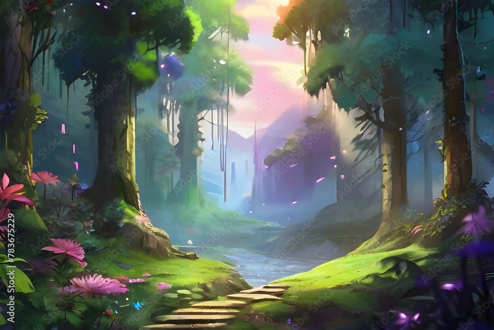 image of magical forest scene with lush greenery with anime style Generative AI