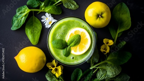 Top view of a nutrient-packed green smoothie with crisp apple and lemon, ready to energize.