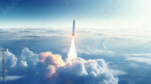 A missile ascends through a sea of clouds, capturing the powerful ascent of innovation.