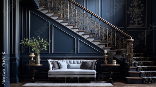 Classic elegance reimagined, a navy staircase in a stately manor, inviting secretive whispers.