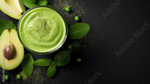 Lush green apple and avocado smoothie, a top view of pure refreshment with ample copy space.