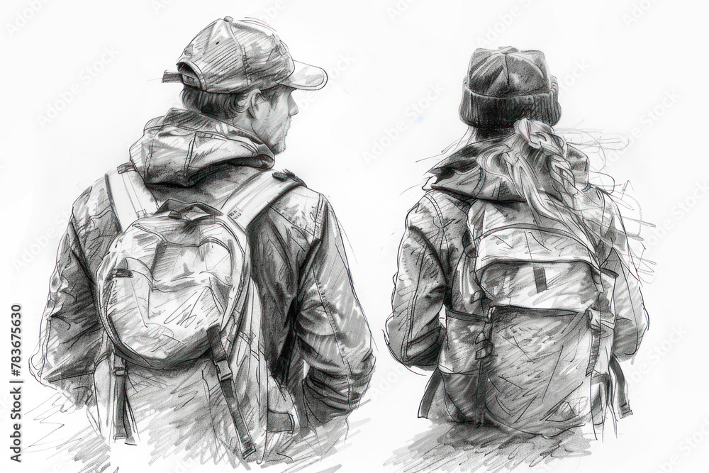Obraz premium Pencil Sketch art of a couple hiking in forest, adventure