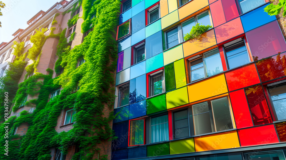 Fototapeta premium Sustainable Eco Building, Green Facade, Vertical Garden. Rainbow Thin Film Solar Cell Panels. Climate Change. Environment, Wellness, Modern Luxury. Residential Apartment Block, Corporate Office Center