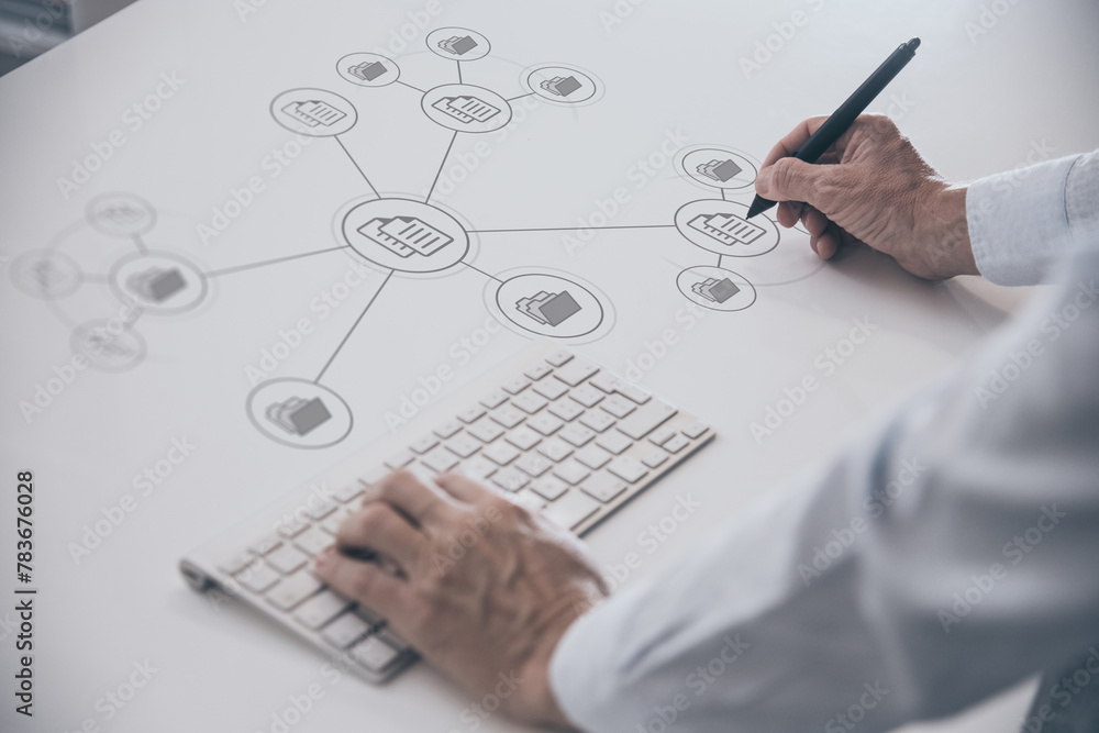 Businessman manage documents directory on virtual display. Business setup document management system Businessman manage documents directory on virtual display. Business setup document management system