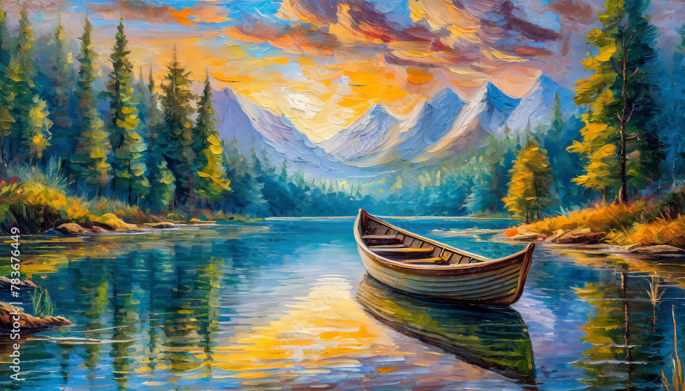 Oil painting on canvas of beautiful landscape with boat on lake, mountains and green forest.
