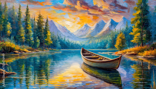 Oil painting on canvas of beautiful landscape with boat on lake, mountains and green forest. © hardvicore