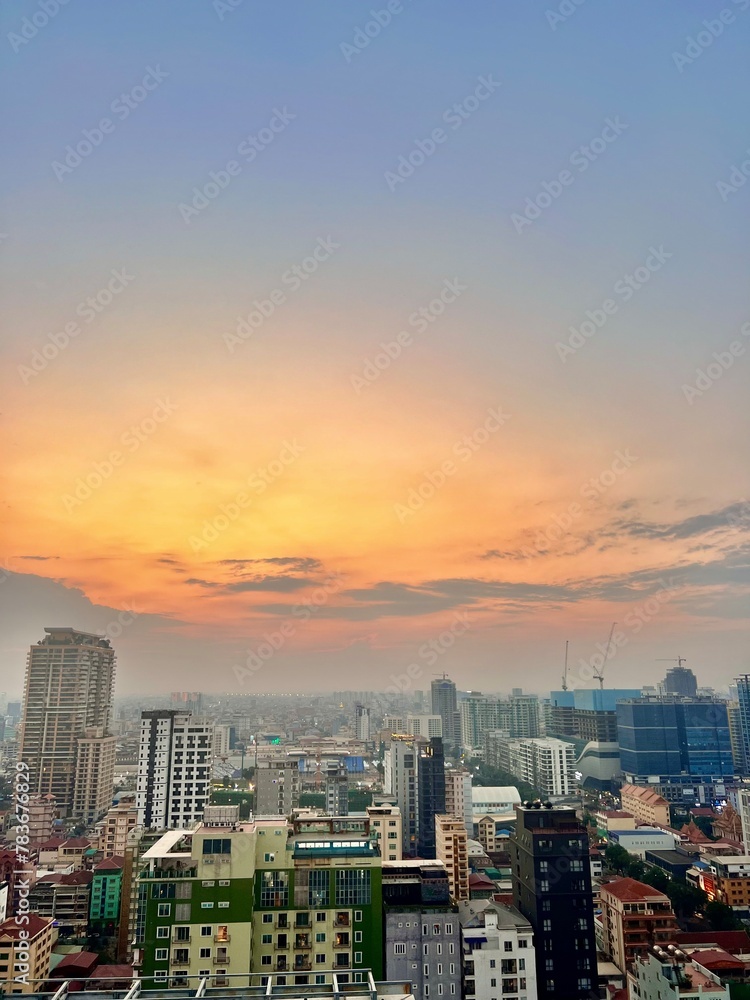 city skyline at sunset in phnom penh, cambodia