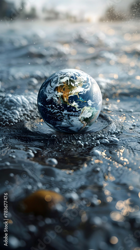 Detailed Rendering of Earth Globe Amidst Rippling Waves Showcasing the Beauty and Fragility of Our Planet