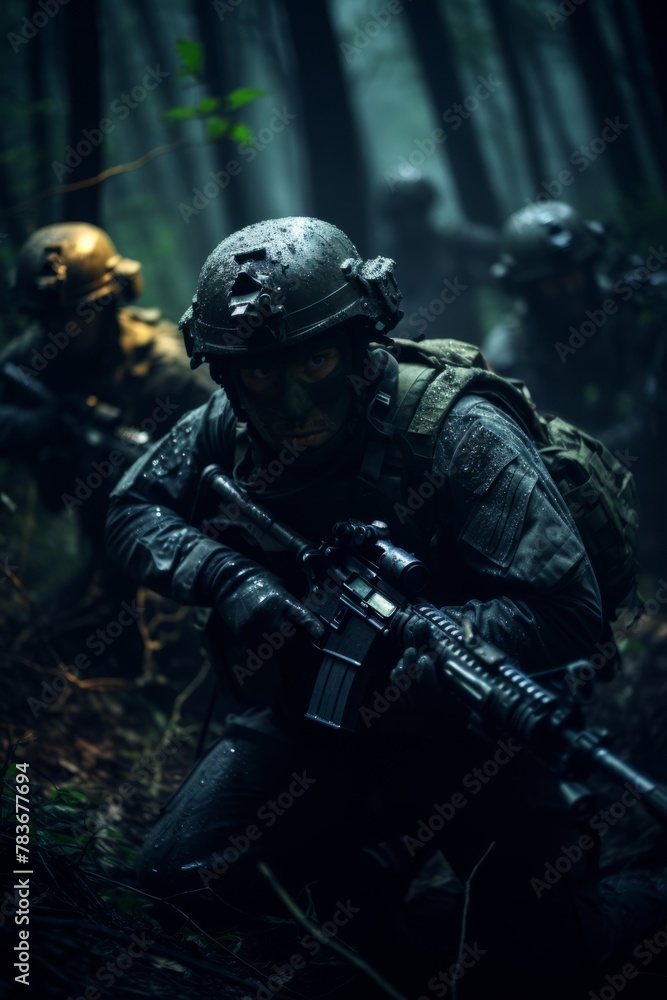 A squad of soldiers conducting a stealthy night patrol in enemy territory