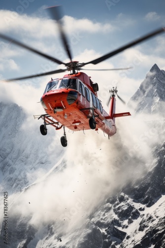 A red helicopter is flying over a rugged mountain range. The snowy peaks contrast with the bright red of the helicopter as it soars through the sky