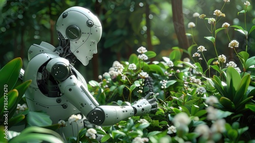 Robotic Gardener Tending to Lush Botanical Garden with Care and Precision Showcasing Harmonious of Nature and Technology