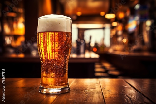 Glass of cold lager beer on bar counter with condensation and wooden bar background photo