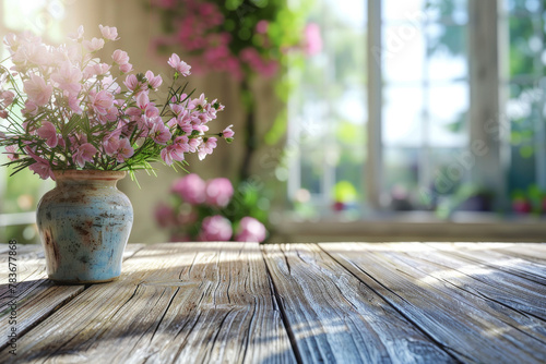 Rustic Wooden Table with Blooming Pink Flowers in Vase Indoors