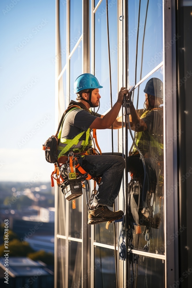 A window installer fitting glass panels into the facade of a modern office building
