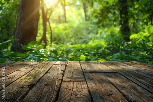 Enchanted Forest Clearing with Rustic Wooden Floor at Sunset