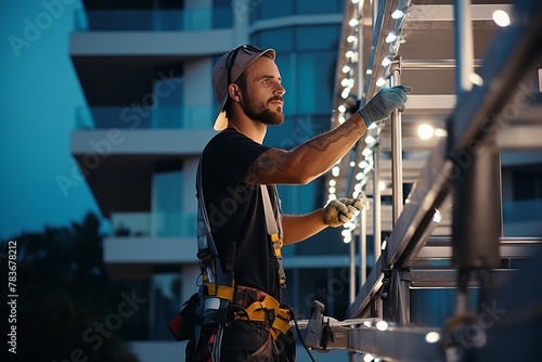 A man is physically ascending a set of stairs, likely for maintenance or installation purposes. He is actively engaged in climbing the steps with purpose and determination photo