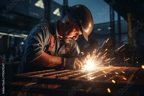 An ironworker welding steel beams on the framework of a new skyscraper photo