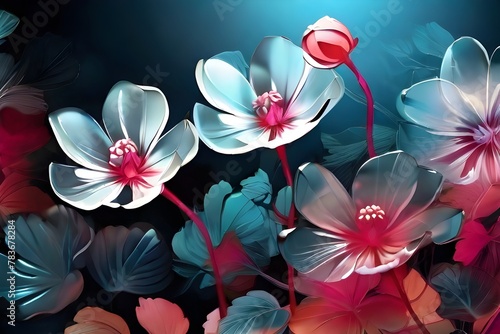 Art background with transparent x-ray flowers. Blooming flowers. Beautiful floral backdrop. Illustration for cover, card, postcard, interior design, packaging, invitations or print. Generative AI