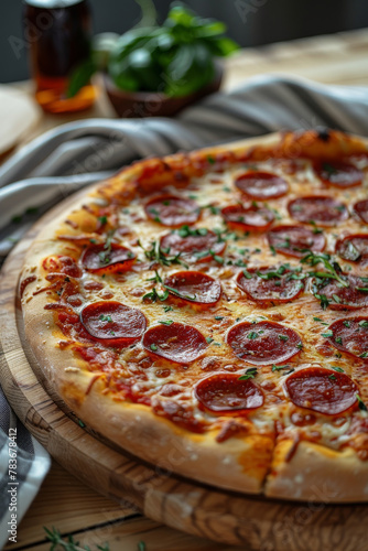Appetizing Pepperoni Pizza on Wooden Board with Basil Accents