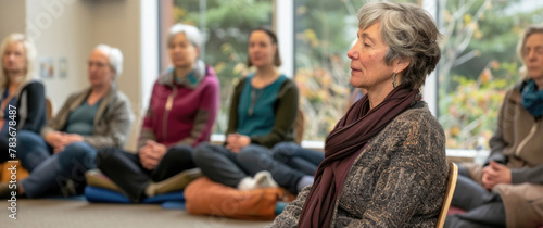 A group of adults sitting peacefully in a meditation class led by a focused senior woman with a tranquil expression
