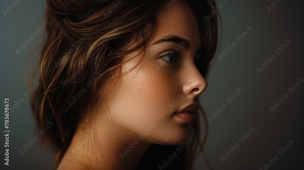 Profile of a young woman with natural beauty, soft lighting highlighting her features, set against a muted background, showcasing the serene expression and delicate details of her profile Profile of a young woman with natural beauty, soft lighting highlighting her features, set against a muted background, showcasing the serene expression and delicate details of her profile