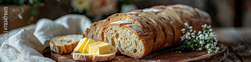 Freshly Baked Braided Bread with Butter on Rustic Wooden Table