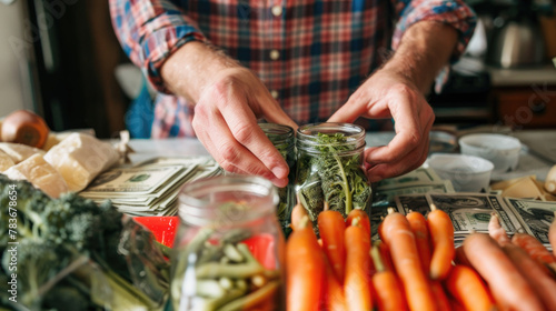 A man placing money into a clear glass jar next to a stack of fresh carrots on a wooden surface photo