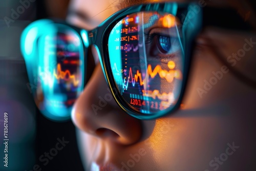 A close-up of a person's face, with a reflection of graphs and numbers in their glasses, symbolizing inventory management, photo 
