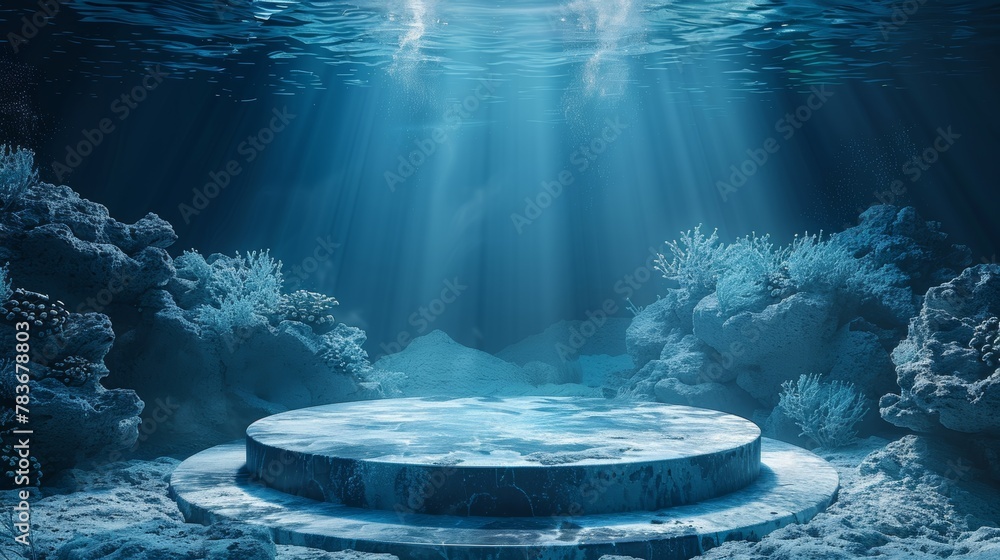  Deep blue round podium with an underwater, oceanic background  - obrazy, fototapety, plakaty 