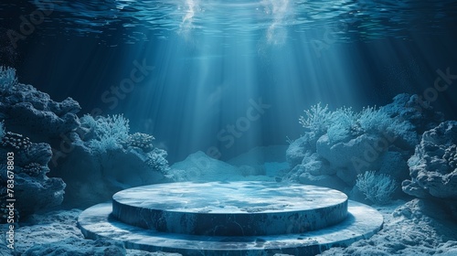  Deep blue round podium with an underwater, oceanic background  photo