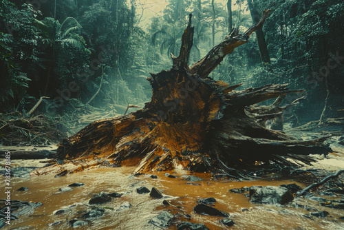 Majestic Fallen Tree in a Misty Tropical Rainforest