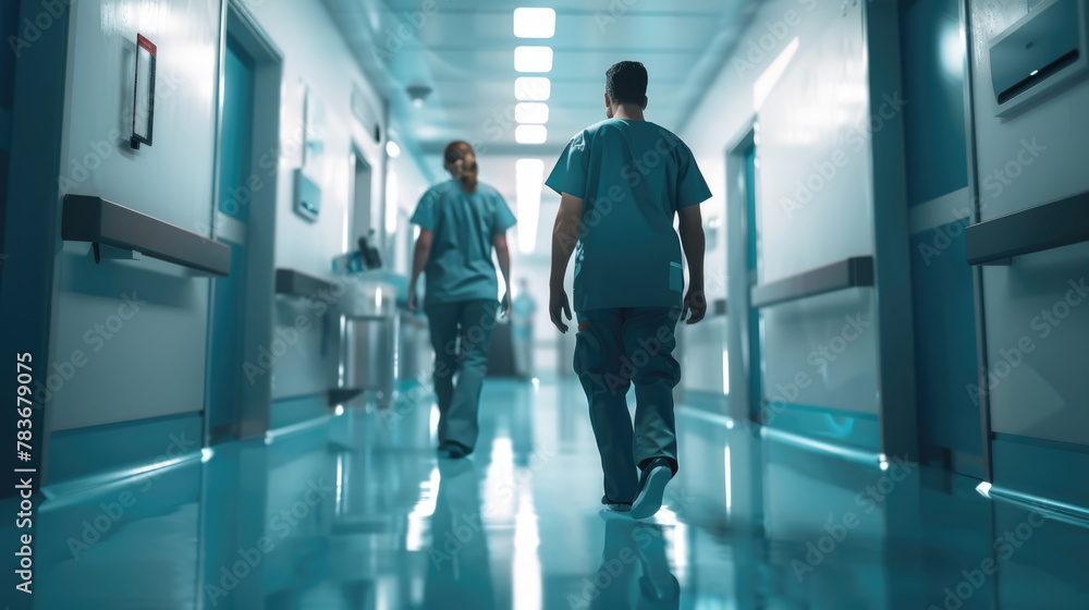 Two medical staff members in scrubs are seen walking down a brightly lit, sterile hospital hallway, presumably during a late shift