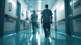 Two medical staff members in scrubs are seen walking down a brightly lit, sterile hospital hallway, presumably during a late shift