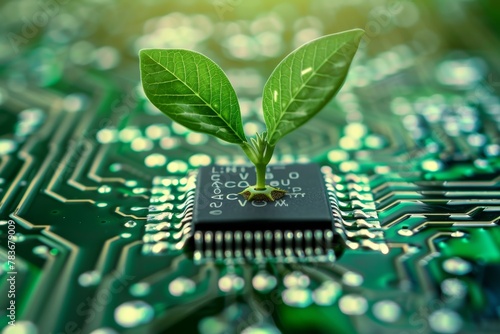  motherboard and plant. Sustainable Technology Concept with a Young Plant Growing from a Circuit Board, Symbolizing Eco-Friendly Innovation and Green Tech Solutions
