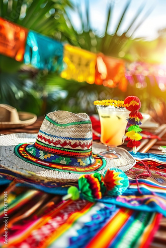 Cinco de Mayo,Mexican colorful summer fiesta party,sombrero hat,maracas margarita cocktail,table colorful Mexican decorations. With the exotic beach "Cinco de Mayo" as a backdrop,mexican banner.