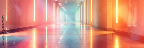 Futuristic Neon-Lit Corridor with Reflective Floor