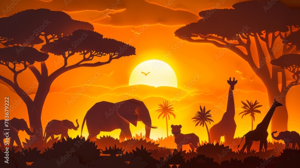 Silhouetted wildlife including elephants and giraffes against an orange sunset background in an African savanna setting.
