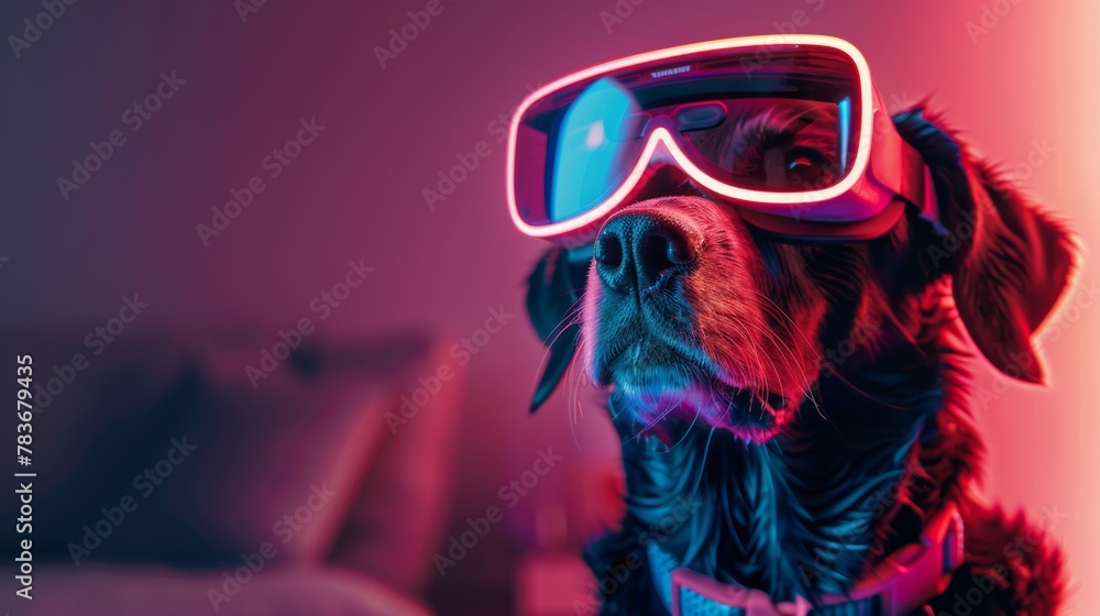  dog wearing vision pro VR glasses, bone neon icon room background 