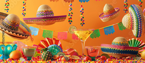 Cinco de Mayo,Mexican colorful summer fiesta party,sombrero hat,maracas margarita cocktail,table colorful Mexican decorations. With the exotic beach "Cinco de Mayo" as a backdrop,mexican banner. © shintartanya