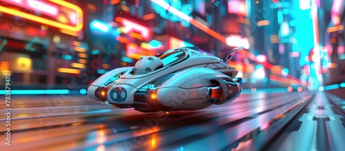 Futuristic Hover Car Racing Through Neon Lit Cityscape with Thrilling Speed and Motion © Sittichok