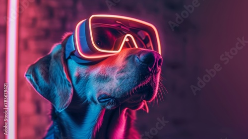  dog wearing vision pro VR glasses, bone neon icon room background  © marimalina