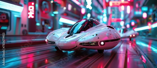 Thrilling Futuristic Race Through Neon Lit Cityscape with Sleek Hovercars Zooming Down the Streets © Sittichok